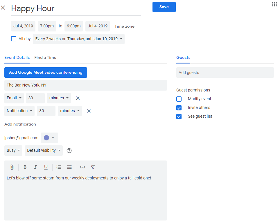Google Calendar result